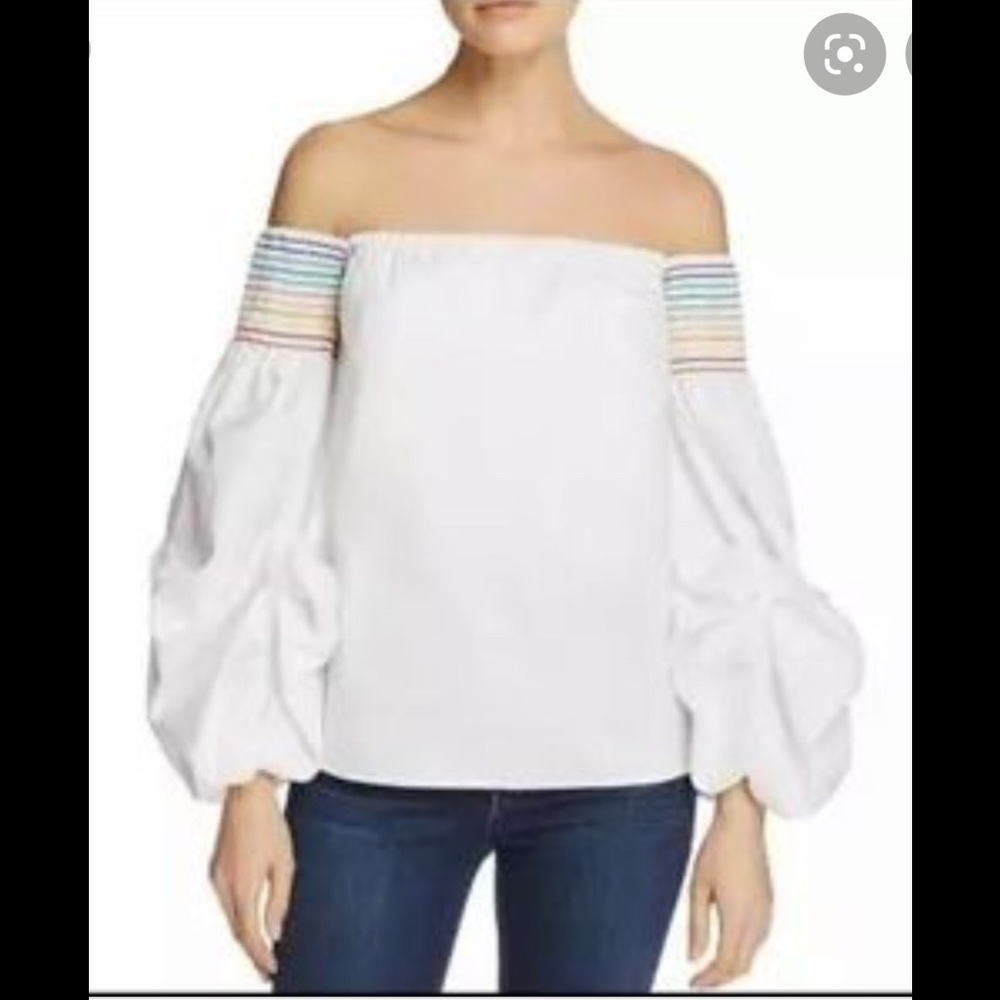 Greysn Off Shoulder White Rainbow stripe Top
